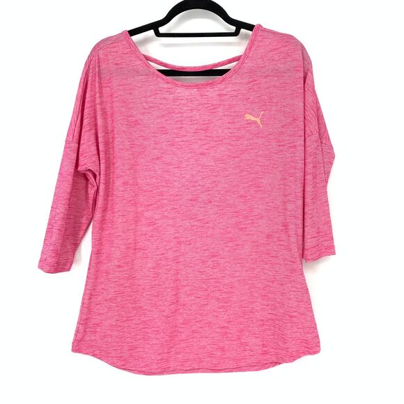 Puma Women's Size Large Cutout Back 3/4 Sleeve Top Pink Orange Logo - Picture 1 of 7